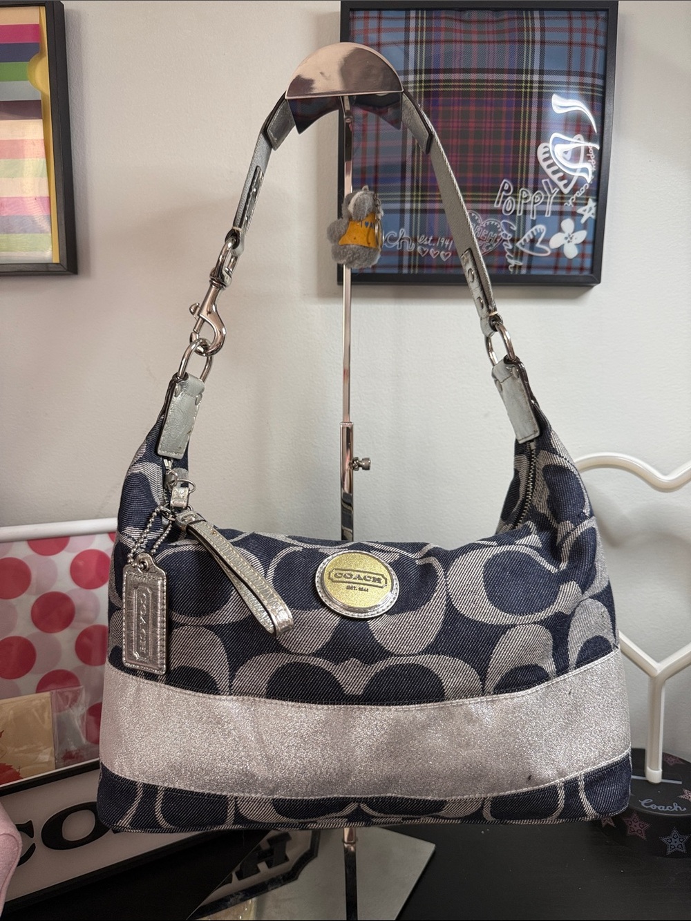 Coach Signature Denim and Silver Metallic Hobo Bag